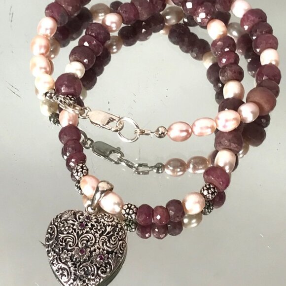 Genuine Ruby Gemstone Pearl Heart 925 Victorian Sterling Silver Necklace Pendant - Picture 3 of 10